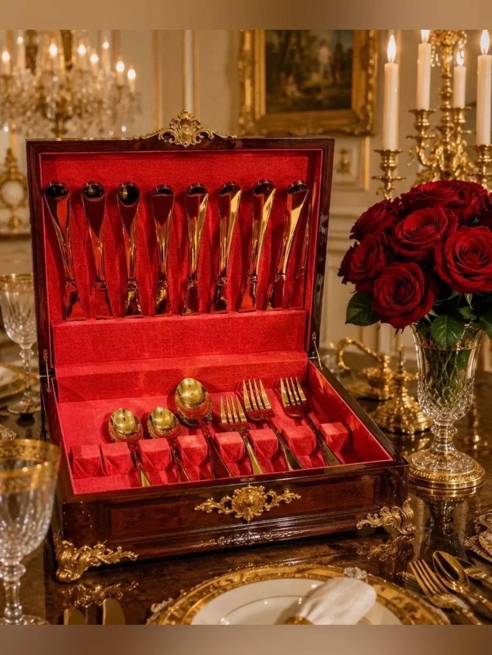 Original Vintage Gold Golden Flatware Silverware Fine Art Utensils Service for 8